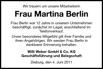 Traueranzeige von Martina Berlin von Echo-Zeitungen (Gesamtausgabe)