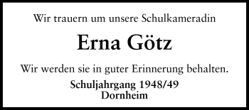 Traueranzeige von Erna Götz von Rüsselsheimer Echo, Groß-Gerauer-Echo, Ried Echo
