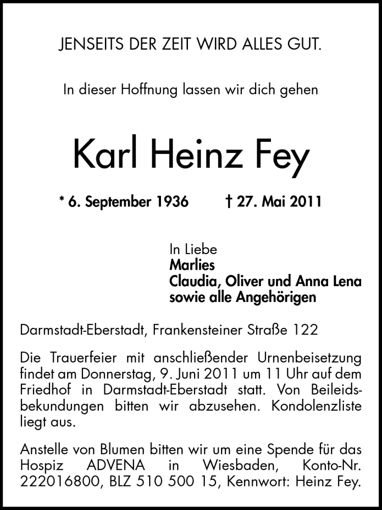  Traueranzeige für Karl Heinz Fey vom 04.06.2011 aus Echo-Zeitungen (Gesamtausgabe)