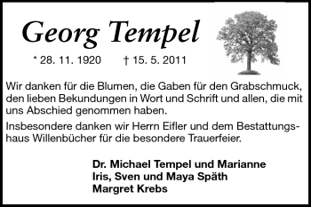 Traueranzeige von Georg Tempel von Darmstädter Echo, Odenwälder Echo, Rüsselsheimer Echo, Groß-Gerauer-Echo, Ried Echo