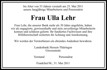 Traueranzeige von Ulla Lehr von Rüsselsheimer Echo, Groß-Gerauer-Echo, Ried Echo