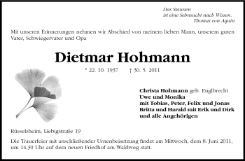 Traueranzeige von Dietmar Hohmann von Rüsselsheimer Echo, Groß-Gerauer-Echo, Ried Echo