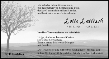 Traueranzeige von Lotte Lattisch von Odenwälder Echo