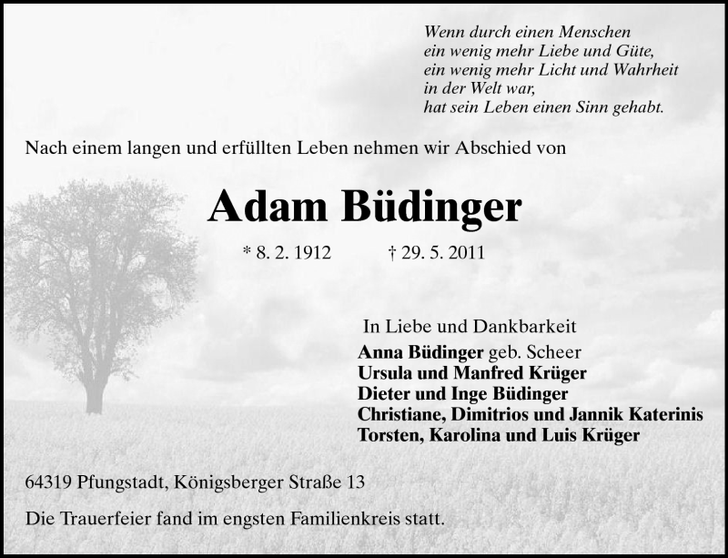  Traueranzeige für Adam Büdinger vom 04.06.2011 aus Echo-Zeitungen (Gesamtausgabe)