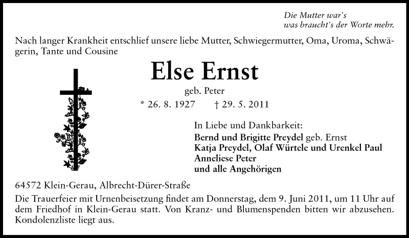  Traueranzeige für Else Ernst vom 04.06.2011 aus Rüsselsheimer Echo, Groß-Gerauer-Echo, Ried Echo