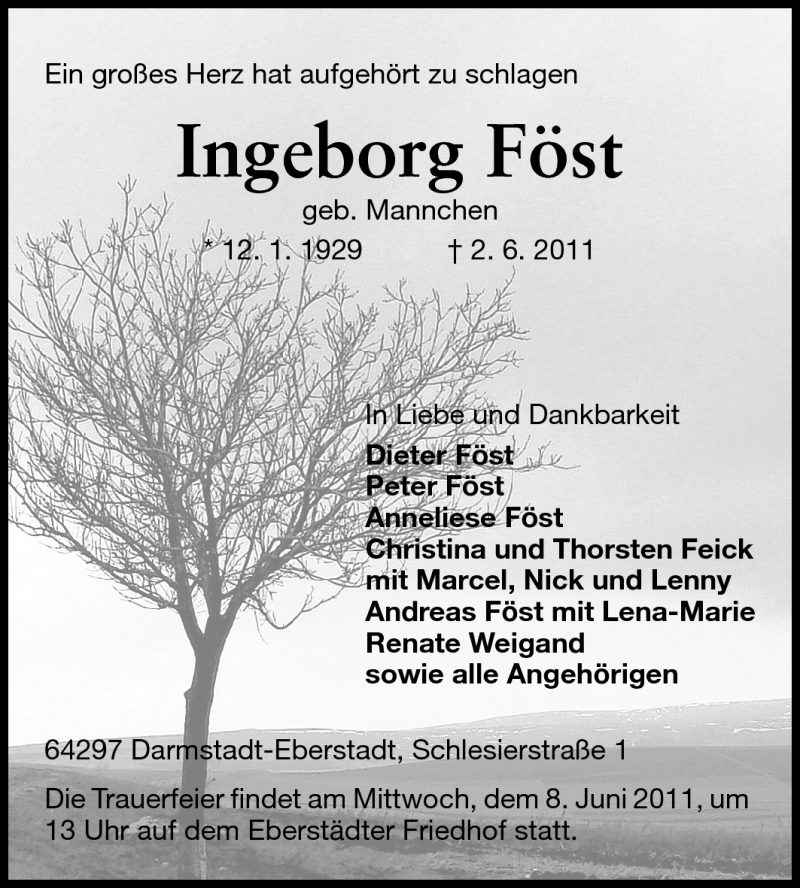  Traueranzeige für Ingeborg Föst vom 04.06.2011 aus Echo-Zeitungen (Gesamtausgabe)