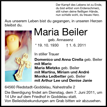 Traueranzeige von Maria Beiler von Darmstädter Echo, Odenwälder Echo, Rüsselsheimer Echo, Groß-Gerauer-Echo, Ried Echo