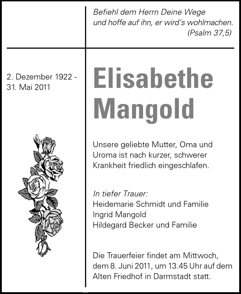  Traueranzeige für Elisabethe Mangold vom 04.06.2011 aus Darmstädter Echo, Odenwälder Echo, Rüsselsheimer Echo, Groß-Gerauer-Echo, Ried Echo