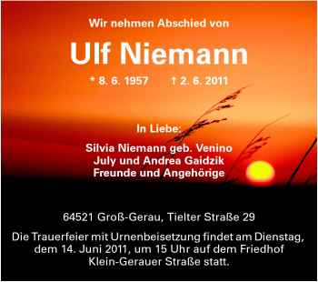 Traueranzeige von Ulf Niemann von Rüsselsheimer Echo, Groß-Gerauer-Echo, Ried Echo