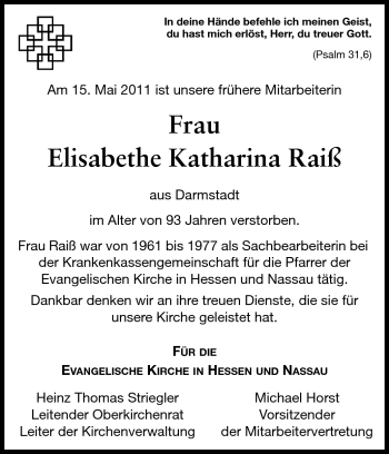 Traueranzeige von Elisabethe Katharina Raiß von Echo-Zeitungen (Gesamtausgabe)