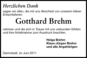 Traueranzeige von Gotthard Brehm von Darmstädter Echo, Odenwälder Echo, Rüsselsheimer Echo, Groß-Gerauer-Echo, Ried Echo