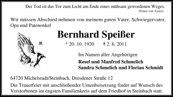 Traueranzeige von Bernhard Speißer  von Odenwälder Echo