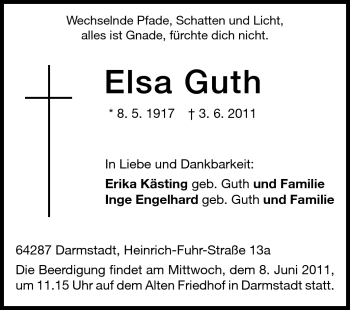 Traueranzeige von Elsa Guth von Darmstädter Echo, Odenwälder Echo, Rüsselsheimer Echo, Groß-Gerauer-Echo, Ried Echo