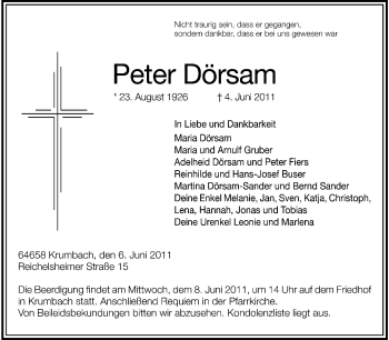 Traueranzeige von Peter Dörsam von Starkenburger Echo