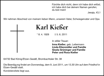 Traueranzeige von Karl Kießer von Odenwälder Echo