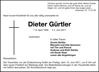 Traueranzeige von Dieter Gürtler von Rüsselsheimer Echo, Groß-Gerauer-Echo, Ried Echo