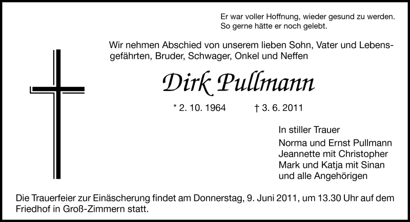  Traueranzeige für Dirk Pullmann vom 07.06.2011 aus Echo-Zeitungen (Gesamtausgabe)