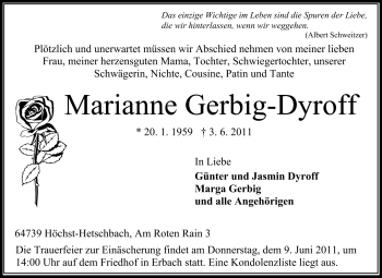Traueranzeige von Marianne Gerbig-Dyroff von Odenwälder Echo