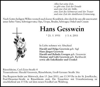 Traueranzeige von Hans Gesswein von Rüsselsheimer Echo, Groß-Gerauer-Echo, Ried Echo