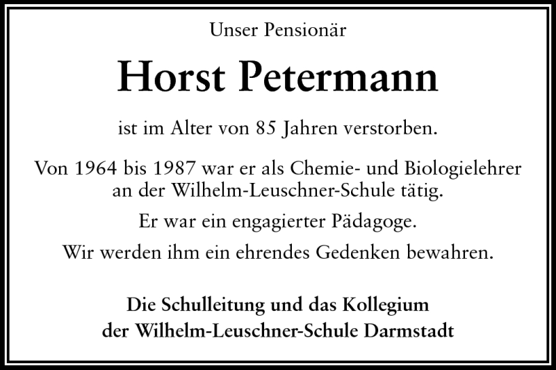  Traueranzeige für Horst Petermann vom 08.06.2011 aus Darmstädter Echo, Odenwälder Echo, Rüsselsheimer Echo, Groß-Gerauer-Echo, Ried Echo
