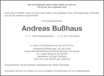 Traueranzeige von Andreas Bußhaus von Darmstädter Echo, Odenwälder Echo, Rüsselsheimer Echo, Groß-Gerauer-Echo, Ried Echo
