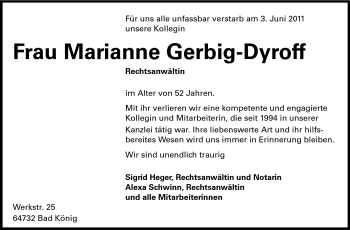 Traueranzeige von Marianne Gerbig-Dyroff  von Odenwälder Echo