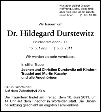 Traueranzeige von Hildegard Durstewitz von Darmstädter Echo, Odenwälder Echo, Rüsselsheimer Echo, Groß-Gerauer-Echo, Ried Echo