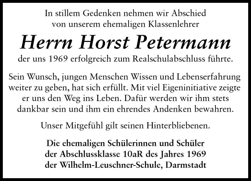  Traueranzeige für Horst Petermann vom 08.06.2011 aus Darmstädter Echo, Odenwälder Echo, Rüsselsheimer Echo, Groß-Gerauer-Echo, Ried Echo