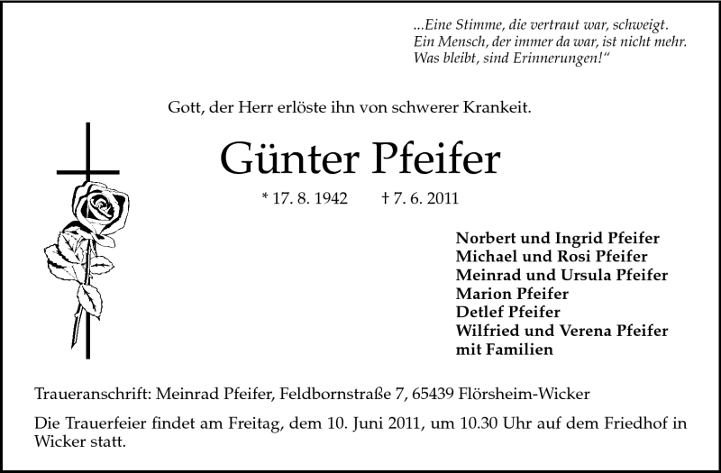 Traueranzeige für Günter Pfeifer vom 08.06.2011 aus Rüsselsheimer Echo, Groß-Gerauer-Echo, Ried Echo