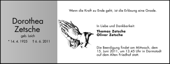 Traueranzeige von Dorothea Zetsche von Darmstädter Echo, Odenwälder Echo, Rüsselsheimer Echo, Groß-Gerauer-Echo, Ried Echo