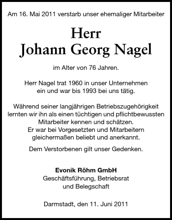 Traueranzeige von Johann Georg Nagel von Echo-Zeitungen (Gesamtausgabe)