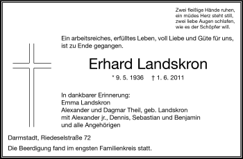 Traueranzeige von Erhard Landskron von Darmstädter Echo, Odenwälder Echo, Rüsselsheimer Echo, Groß-Gerauer-Echo, Ried Echo