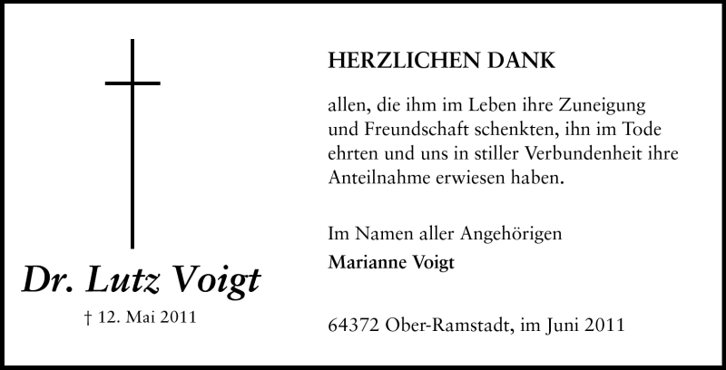  Traueranzeige für Dr. Lutz Voigt vom 11.06.2011 aus Darmstädter Echo, Odenwälder Echo, Rüsselsheimer Echo, Groß-Gerauer-Echo, Ried Echo