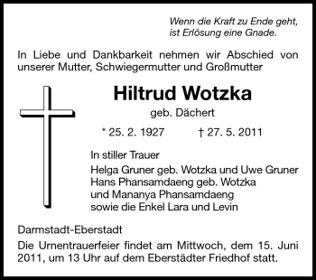 Traueranzeige von Hiltrud Wotzka von Echo-Zeitungen (Gesamtausgabe)