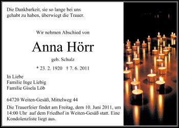 Traueranzeige von Anna Hörr von Odenwälder Echo