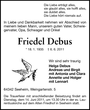 Traueranzeige von Friedel Debus von Echo-Zeitungen (Gesamtausgabe)