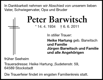 Traueranzeige von Peter Barwitsch von Echo-Zeitungen (Gesamtausgabe)