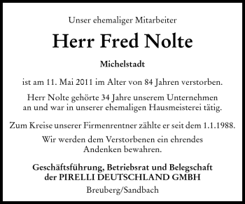 Traueranzeige von Fred Nolte von Odenwälder Echo