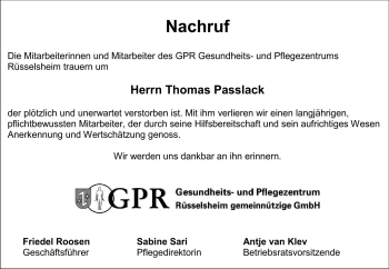 Traueranzeige von Thomas Passlack von Rüsselsheimer Echo, Groß-Gerauer-Echo, Ried Echo