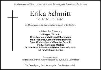 Traueranzeige von Erika Schmitt von Echo-Zeitungen (Gesamtausgabe)