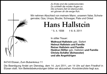 Traueranzeige von Hans Hallstein von Odenwälder Echo