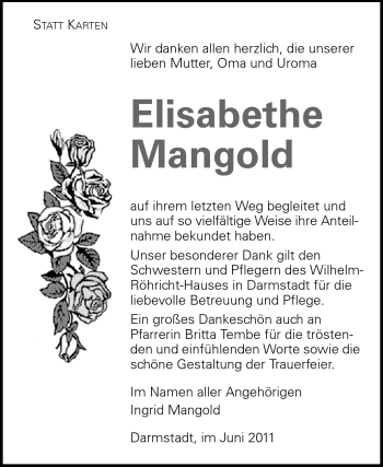 Traueranzeige von Elisabethe Mangold von Darmstädter Echo, Odenwälder Echo, Rüsselsheimer Echo, Groß-Gerauer-Echo, Ried Echo