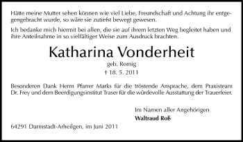 Traueranzeige von Katharina Vonderheit von Echo-Zeitungen (Gesamtausgabe)