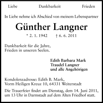 Traueranzeige von Günther Langner von Darmstädter Echo, Odenwälder Echo, Rüsselsheimer Echo, Groß-Gerauer-Echo, Ried Echo