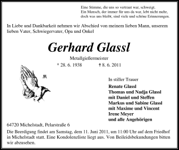 Traueranzeige von Gerhard Glassl von Odenwälder Echo