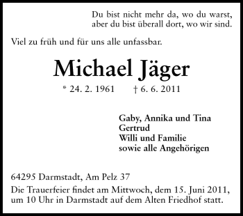 Traueranzeige von Michael Jäger von Echo-Zeitungen (Gesamtausgabe)