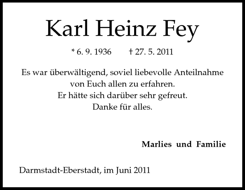 Traueranzeige für Karl Heinz Fey vom 18.06.2011 aus Echo-Zeitungen (Gesamtausgabe)