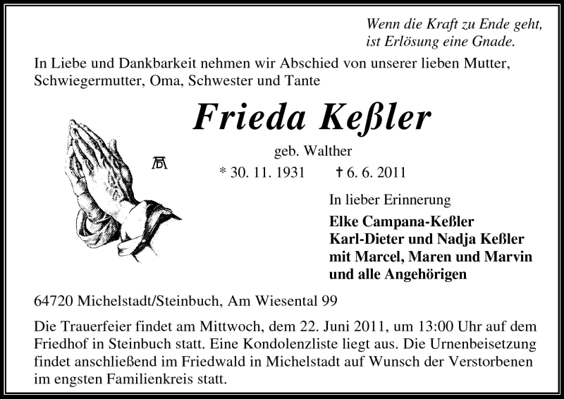  Traueranzeige für Frieda Keßler vom 11.06.2011 aus Odenwälder Echo