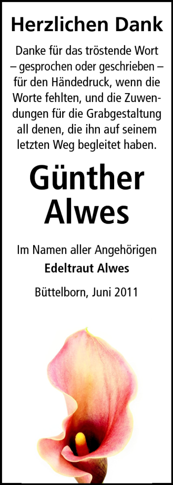 Traueranzeige von Günther Alwes von Rüsselsheimer Echo, Groß-Gerauer-Echo, Ried Echo