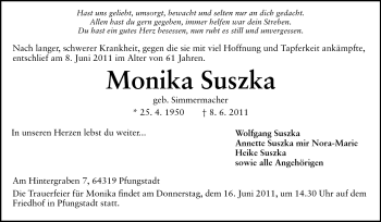 Traueranzeige von Monika Suszka von Echo-Zeitungen (Gesamtausgabe)